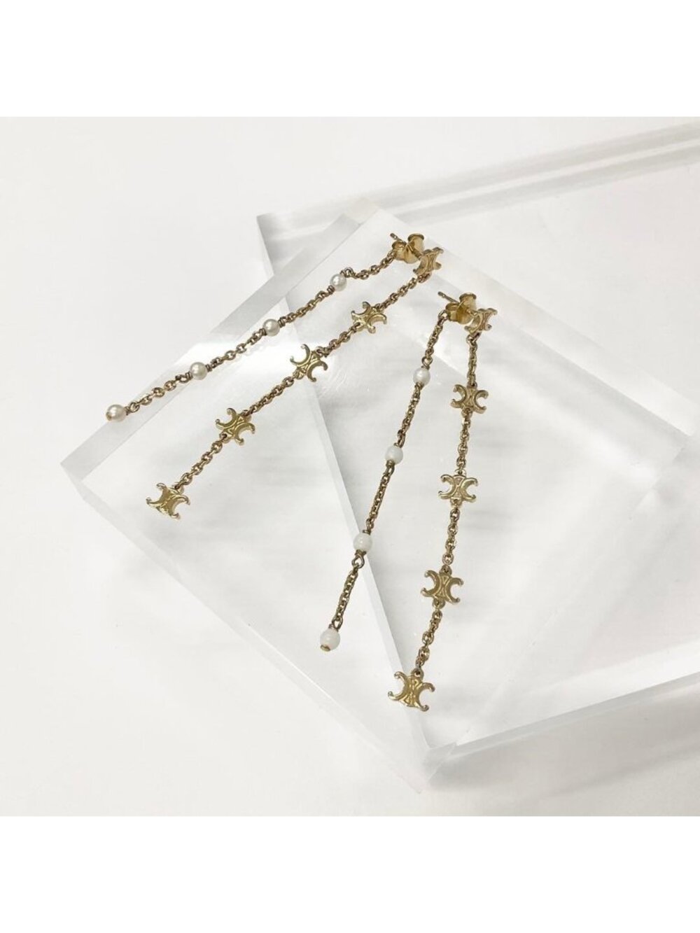 Celine Triomphe Pearl Long Earrings Gold